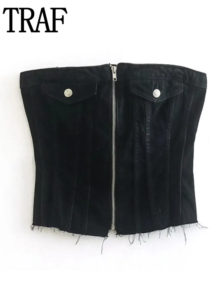 Canottiere Canotte TRAF Corsetto di jeans nero Top Donna Spalle scoperte Crop Donna Party Backless Sexy Tube Donna Streetwear Canotta Jeans Bustier 230503