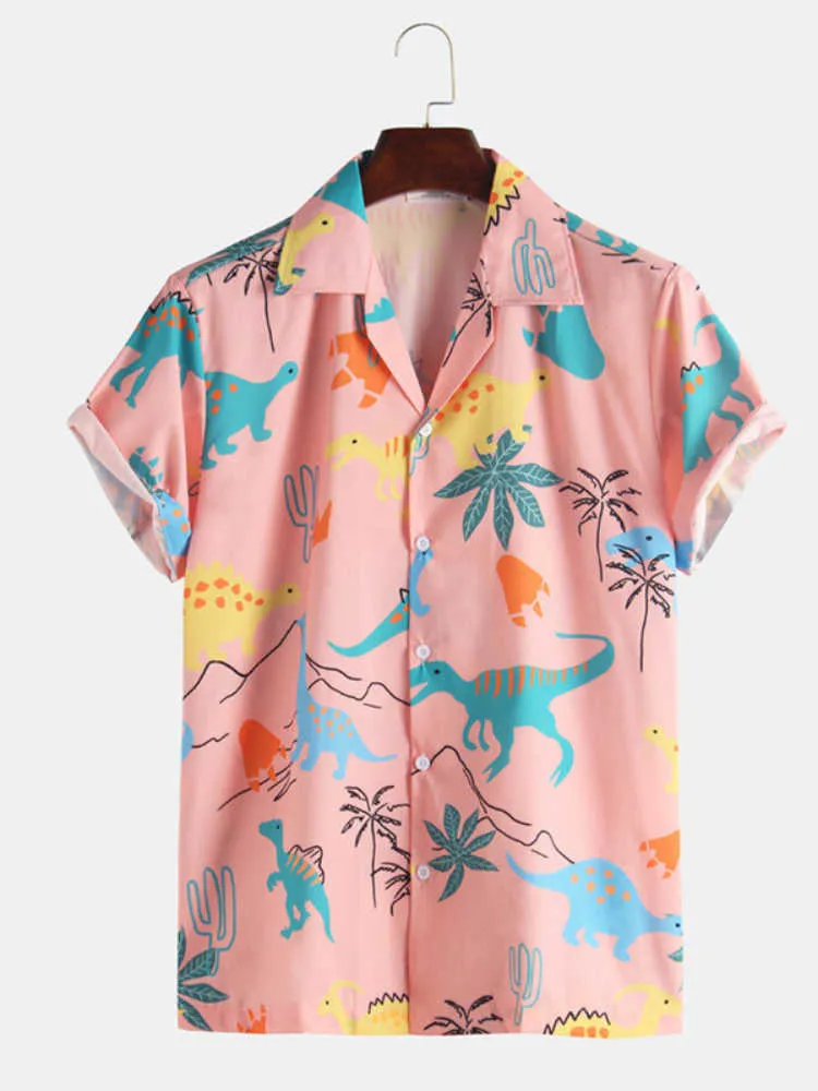 Mäns casual skjortor 2022 tecknad dinosaurie 3d tryck skjorta rosa lapel knapp kort ärm Hawaiian casual andningsbar överdimensionerad koreansk skjorta AA230503