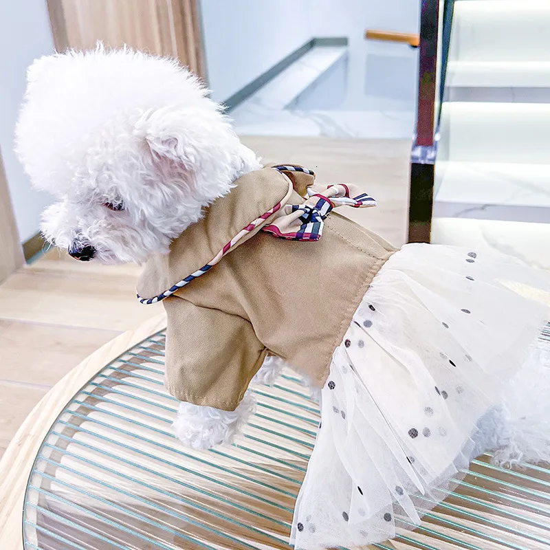 Dog Apparel Cute Pet Dog Dots Gauze Dress Skirt Puppy Cat Doll Collar Khaki Bowknot Princess Clothes Apparel Dress for Dogs Chihuahua Teddy 230504