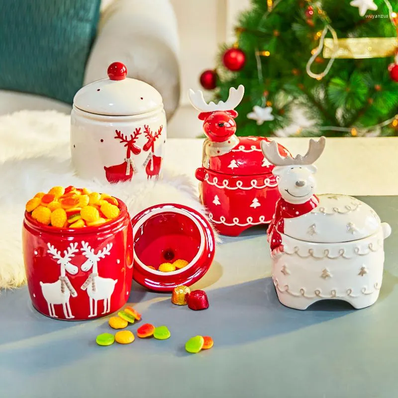 Storage Bottles Christmas Elk Ceramic Candy Jar With Lid Fine Jewelry Cosmetics Box Fruit Coffee Bean Bottle Home Decor