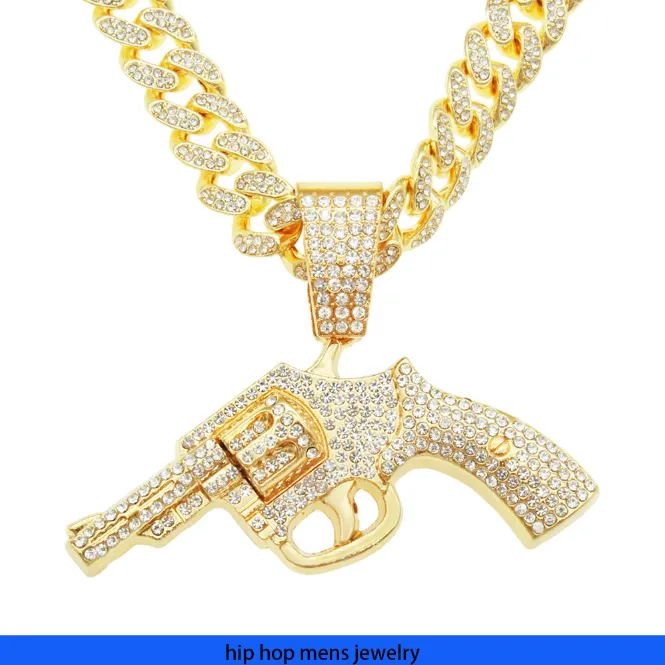 Collier Hip Hop pour hommes Chain d'or Iced Out Cuban Chains Hip Hop Full Diamond Gun Pendant Collier Cubain