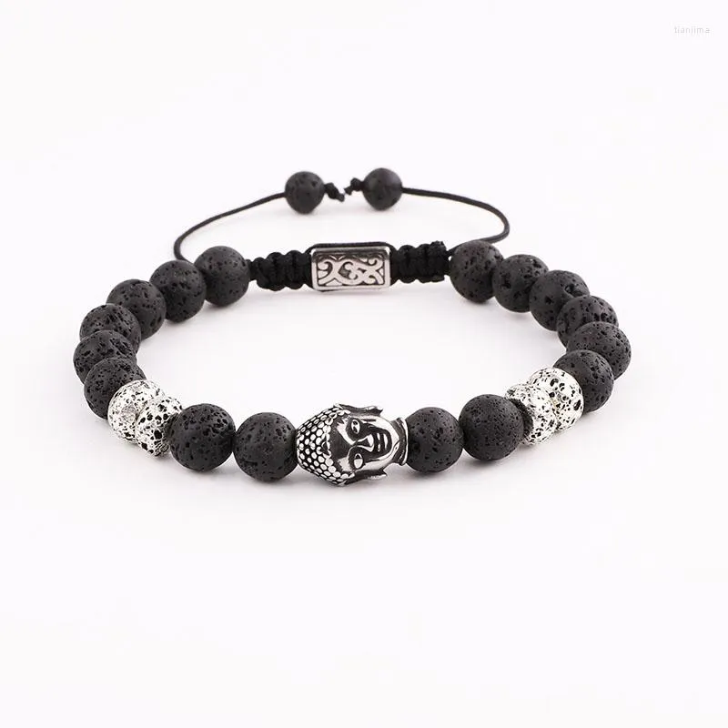 Strand Design Lava Rock Stone Acier Inoxydable Bouddha Tête Vintage Réglable Bracelet Hommes Bijoux Cadeau