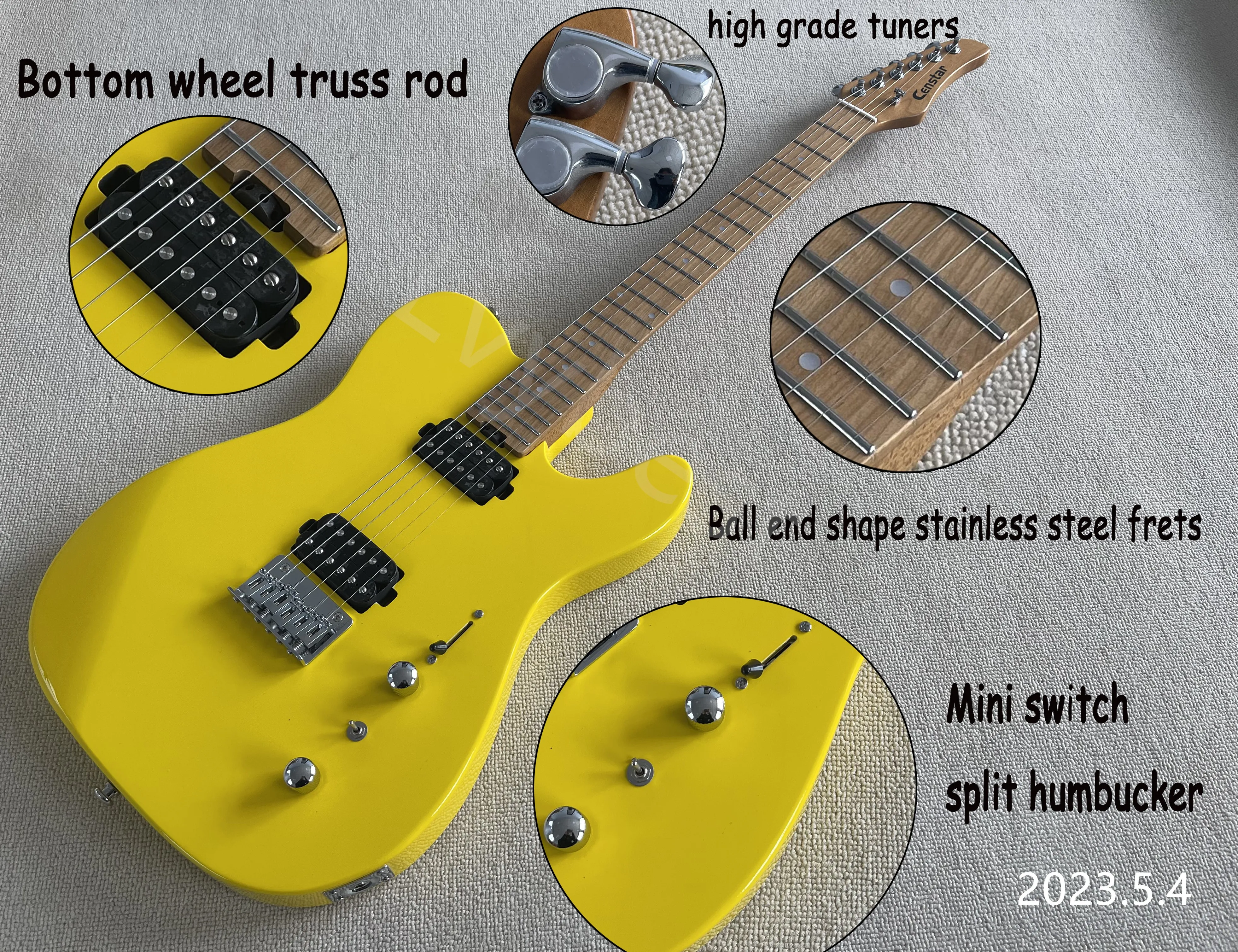 Lager! Elektrisk gitarr färsk gul färdig rostad lönnhals och fingrabräda prickar inlay split mini switch ball end rainess st
