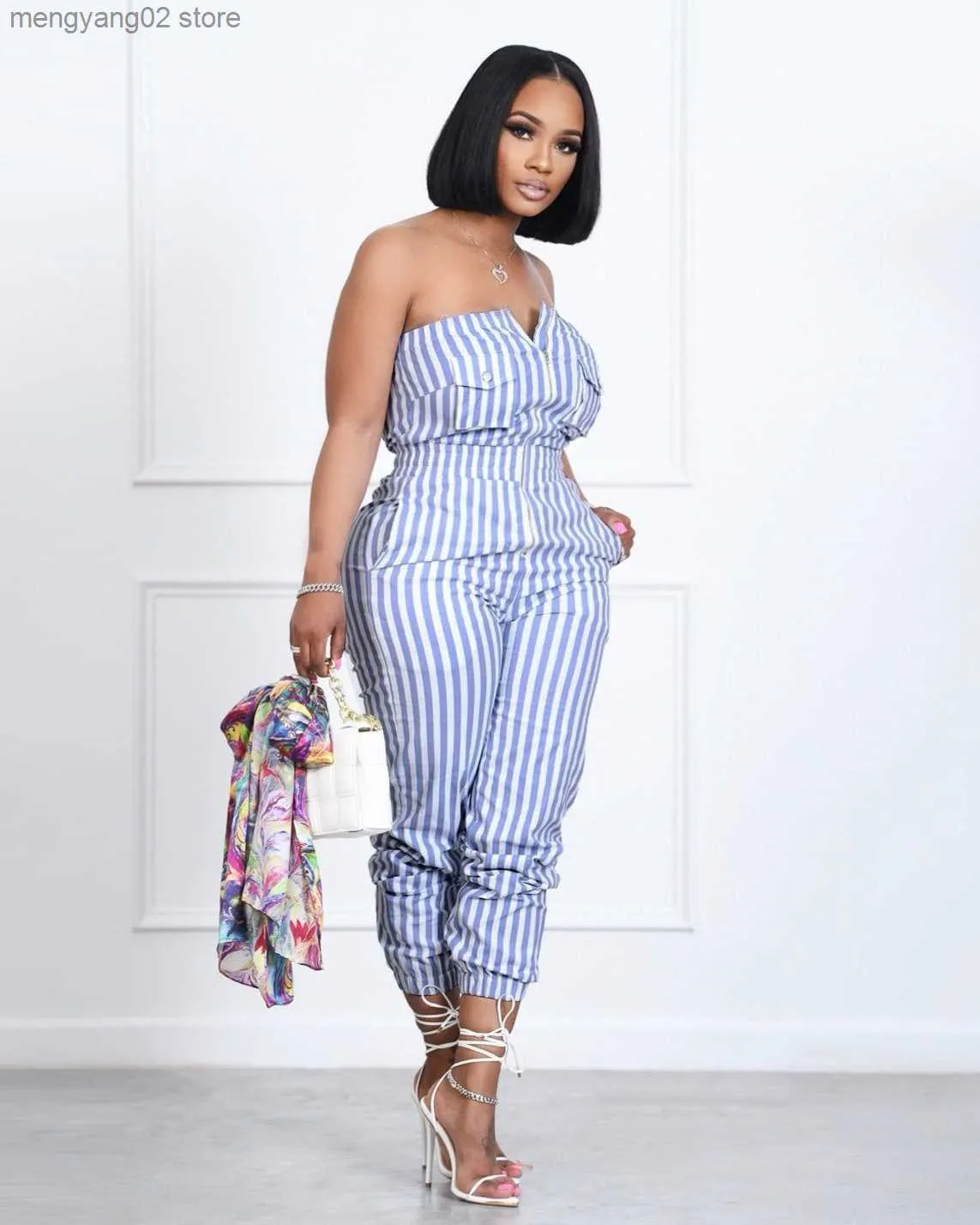 Women's Jumpsuits Rompers Echoine Strapless Zipper Striped Print Jumpsuit Women Sexy Casual Pocket Rompers Steetwear Summer One Piece Overalls Women Cloth T230504