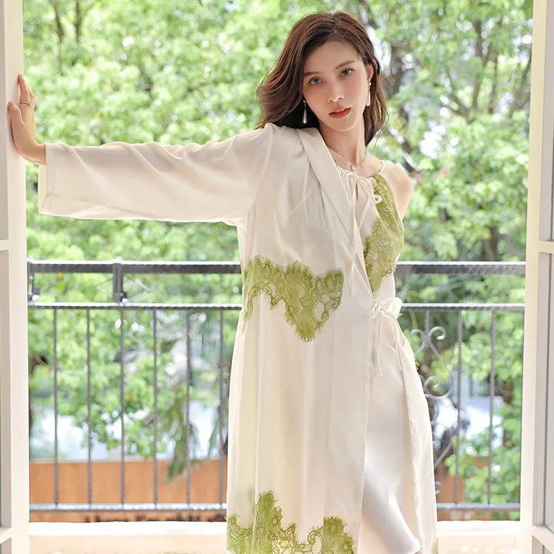 Kvinnors sömnkläder Kvinnor Lace Robe Set Bride Spring 2st Kimono Bathrobe Gonw kostym Silky Satin Nightgown Lingerie Loungewear