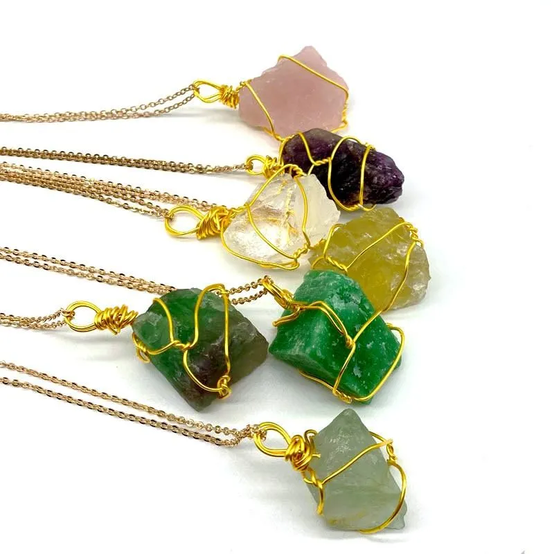 Colorful Natural Crystal Stone Energy Healing Gold Plated Pendant Necklaces With Chain Party Club Jewelry For Women