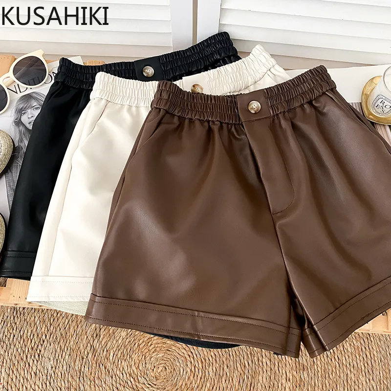 Kvinnors shorts Kusahiki Pu Leather Woman Shorts Korean Elastic High midja Autumn Winter Causal Wide Ben Short Femme Fashion Bottoms 230504