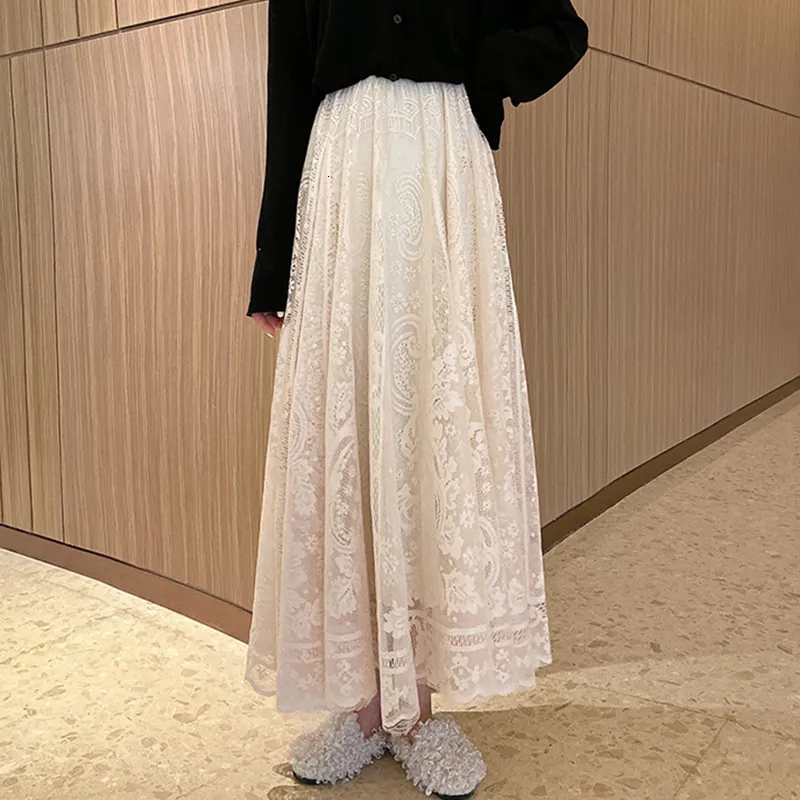 Korean Elegant High Waist Lace Maxi High Waisted Midi Skirt For