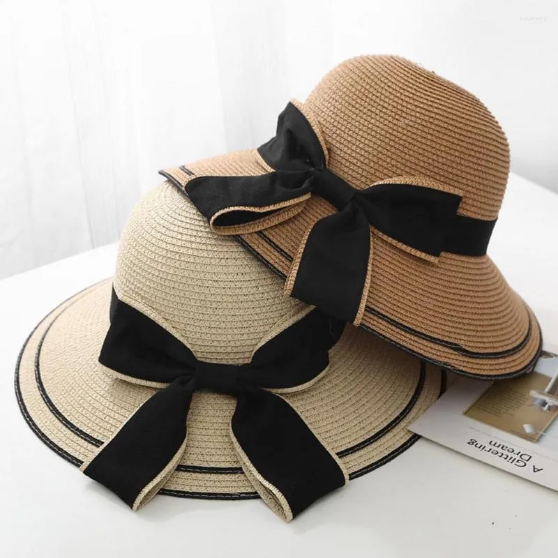 Breda brimhattar 2023 Bow Sun Hat Floppy Summer For Women Beach Panama Straw Dome Bucket Shade Gift G0x0