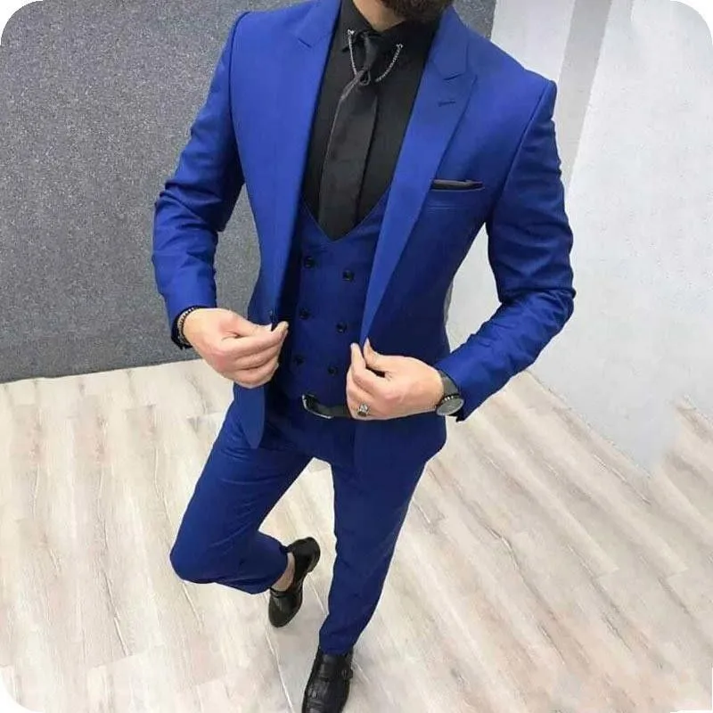 Bleu Royal 3 Pièces Costume Hommes De Mariage Tuxedos Peak Revers Marié Garçons D'honneur Costumes Hommes Business Party Prom Blazer Veste Pantalon Gilet