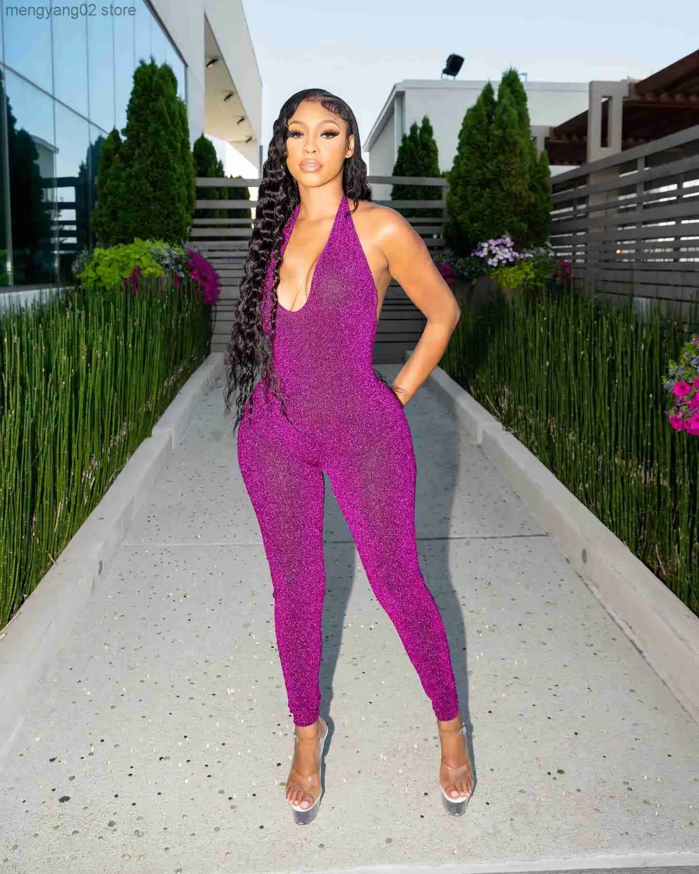 Womens Jumpsuits Rompers Glitter Sheer Mesh Bodycon Jumpsuit For