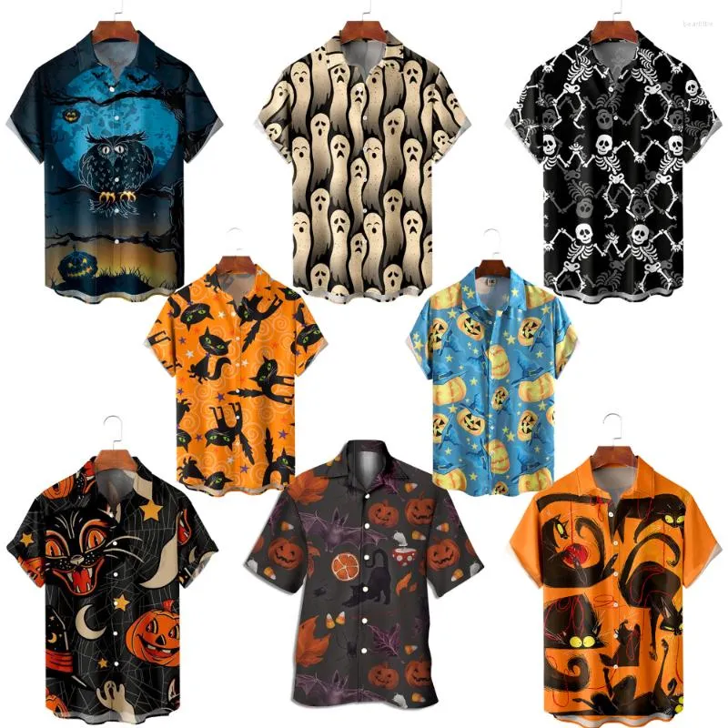 Erkekler Sıradan Gömlekler 2023 Erkekler Artı Boyut Hawaii Fit Yakası Düğmeleri Cadılar Bayramı Elemanları Desen Tasarım Modaya Giyim