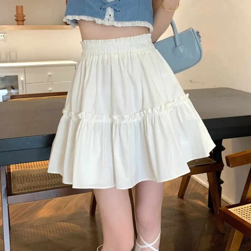 Skirts HOUZHOU Kawaii Cute Mini Skirt Women Korean Fashion Patchwork Fairycore High Waist Fluffy White Skirt Vacation Outfits Summer 230504