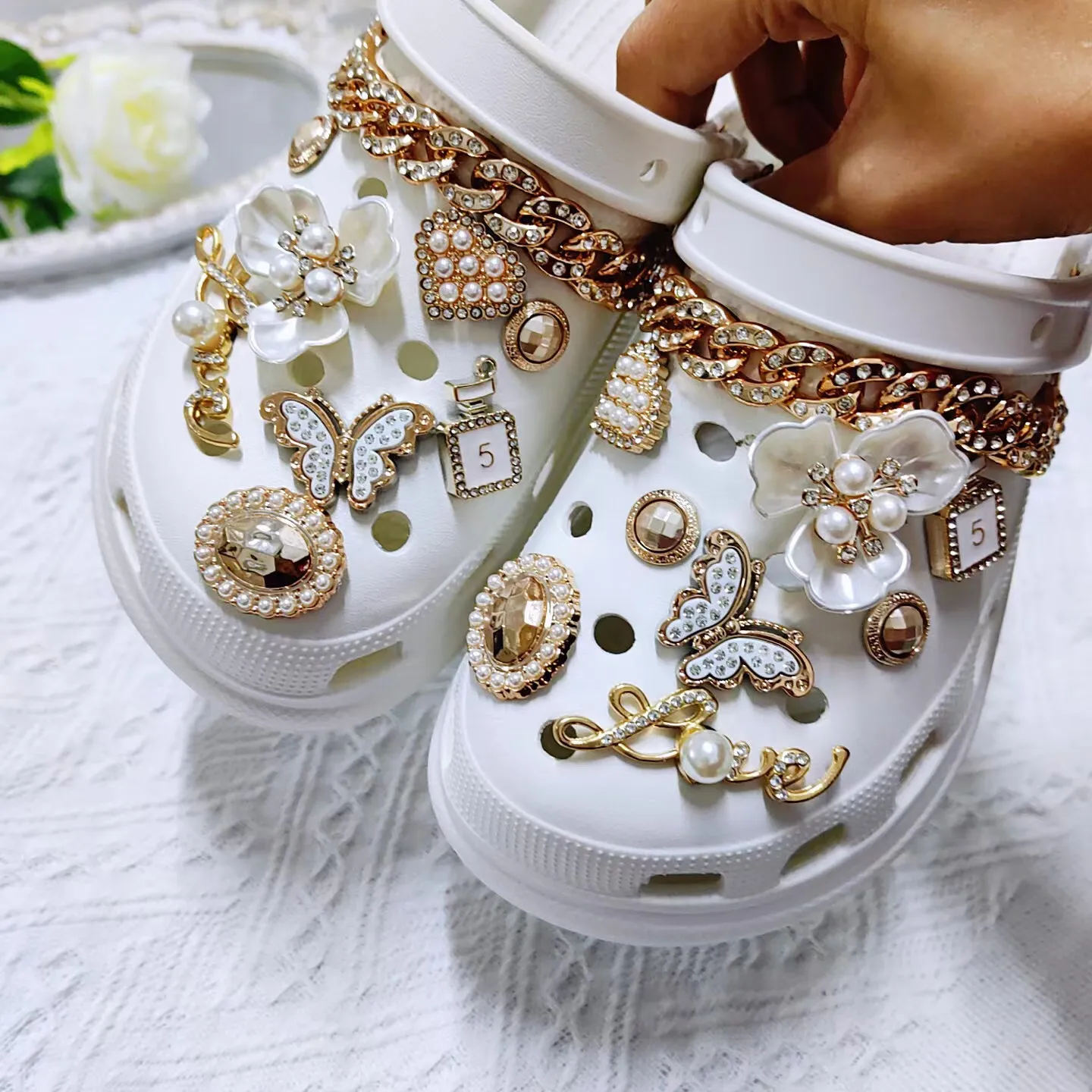 Shoe Charms for Croc DIY Diamond Pearl Chain Gemstone Decoration