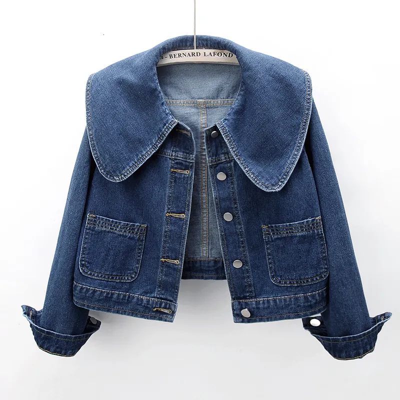 Kvinnorjackor Peter Pan Collar Denim Jackets för kvinnor Koreanska mode Långa ärmar Knapp Jean Coat Vintage Crop Kvinnlig Lous Outwear 230504