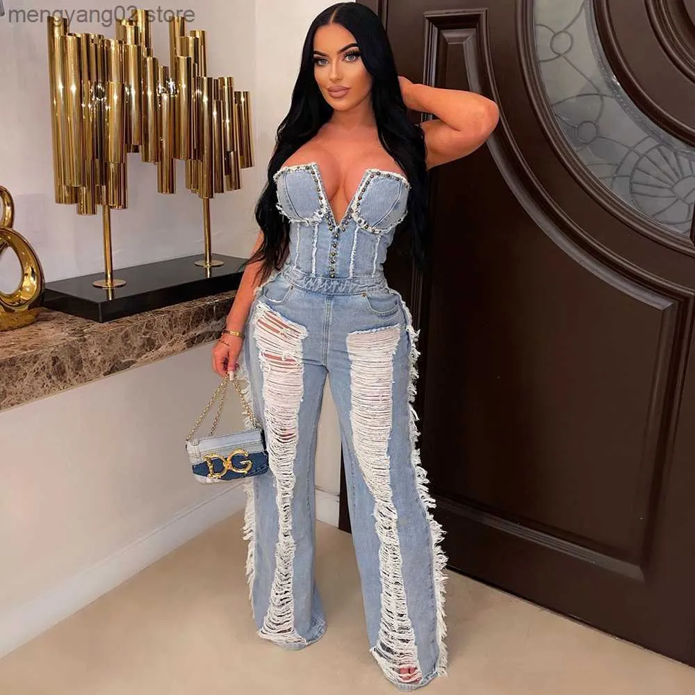 Kvinnors jumpsuits Rompers Vintage Hole Tassel Denim Jumpsuit Women 2023 Ny mode Sexig Off The Shoulder V Neck Rivet Club Party Romper Y2K One Pieces T230504