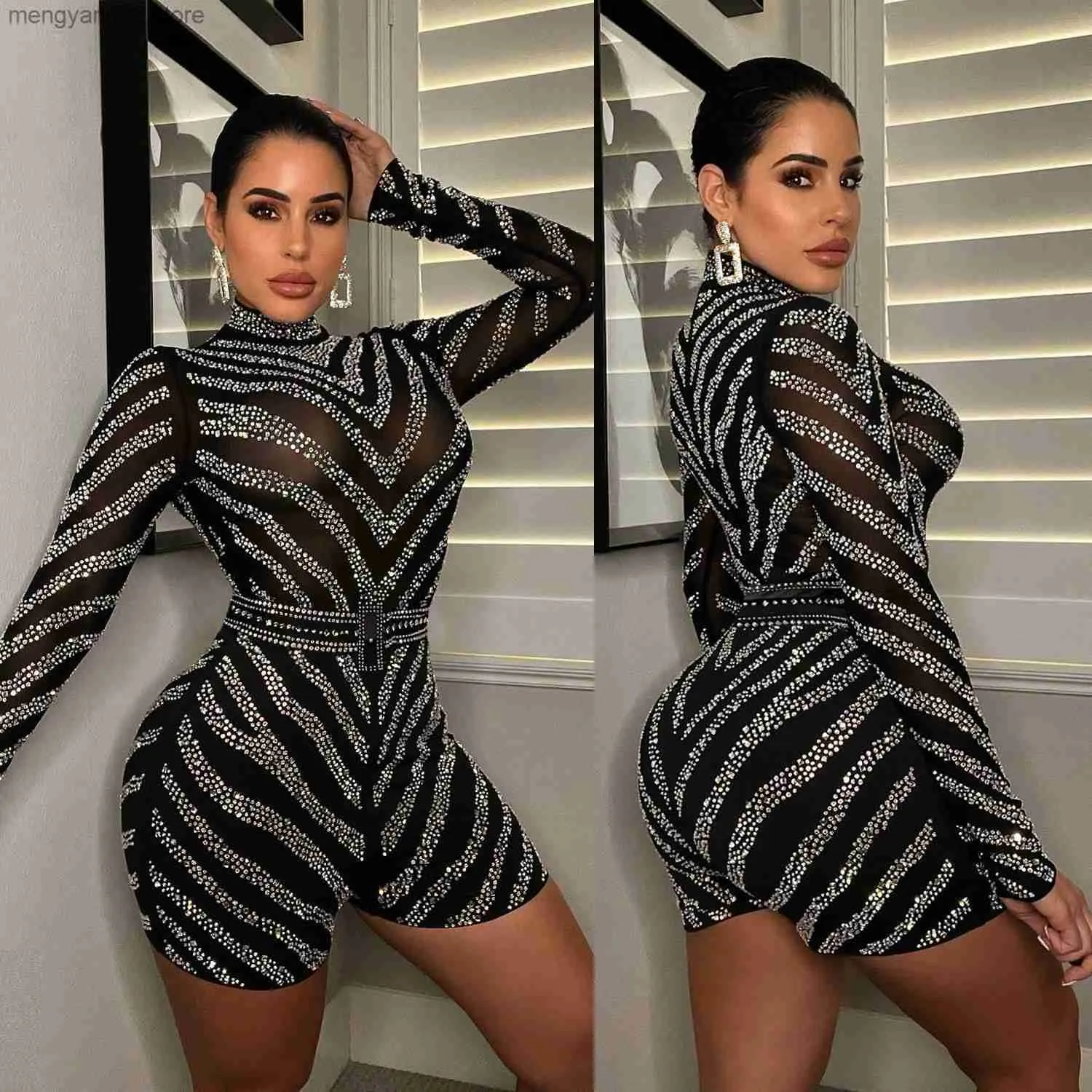 Women s Jumpsuits Rompers Echoine Luxurious Diamond Sheer Mesh Playsuit Skinny Sexy See Through Jumpsuit Black Long Sleeve Party Club Outfits Rompers