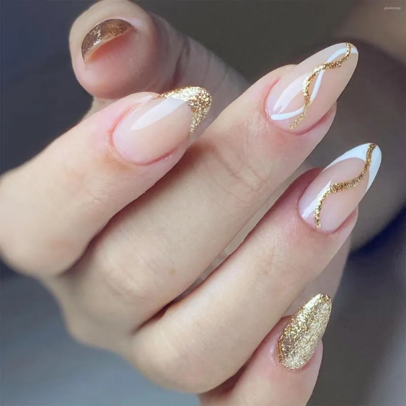 False Nails 24pcs Almond Head Fake Nail Tips Glitter Gold Foil French Wave Design Full Cover Wearable Press On For Girls