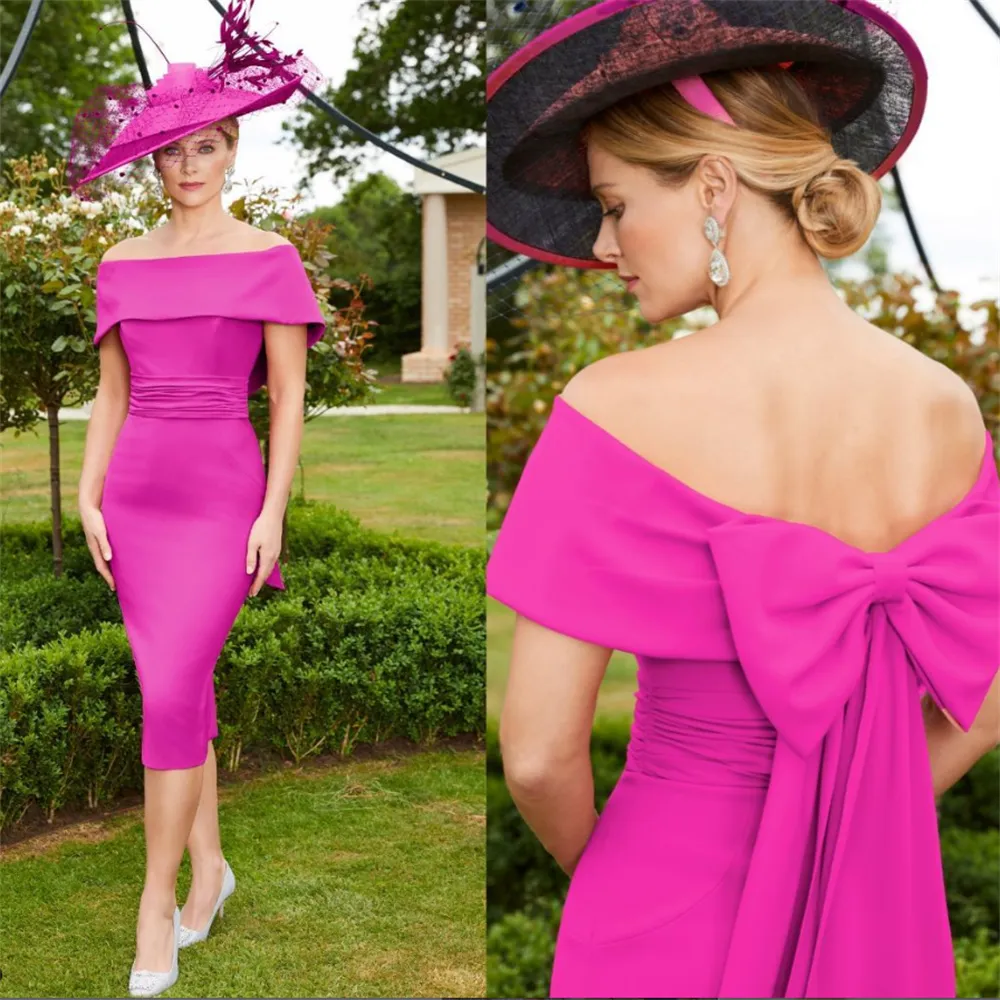 Élégant Rose Chaud Mère De La Robe De Mariée 2023 Hors Épaules Gaine Thé Longueur Invité De Mariage Robes Maman Soirée Porter Avec Arc Chic Marié Mère De Bal Sur Mesure