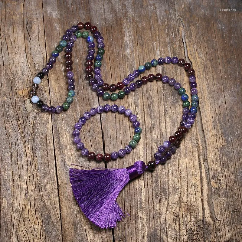 Necklace Earrings Set 8mm Natural Garnet Japamala For Women Amethyst Quartz Beads Meditation 108 Mala Handmade Tassel Yoga Gift Jewelry