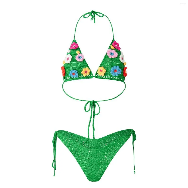 Maillots de bain pour femmes vert tricot deux pièces Bikinis ensemble femmes Sexy Applique fleur licou soutien-gorge hauts taille basse string femme brésilien Biquinis