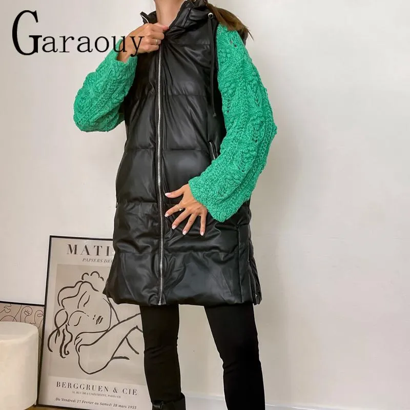 ベストガラウイ2022秋のブラックフード付きベスト女性ファッションジッパーPUレザージャケットコート女性エレガント長いラインベスト女性女性
