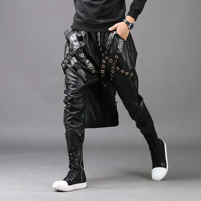 Pants Mode homme noir Joggers serré jeunesse sarouel hommes mince coréen moto cuir pantalon Pu automne hiver Rivets pantalon