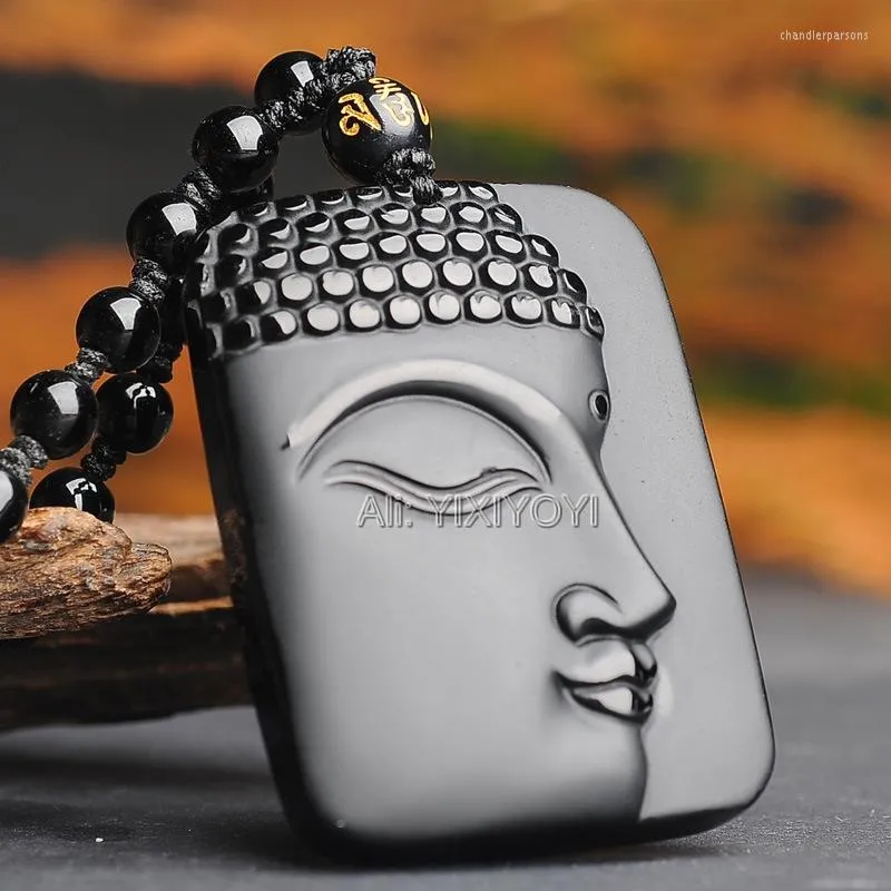 Collane con ciondolo Ossidiana nera naturale Intagliato a mano Buddha cinese Benedizione GuanYin Testa Buddismo Amuleto Collana di perline Gioielli di moda