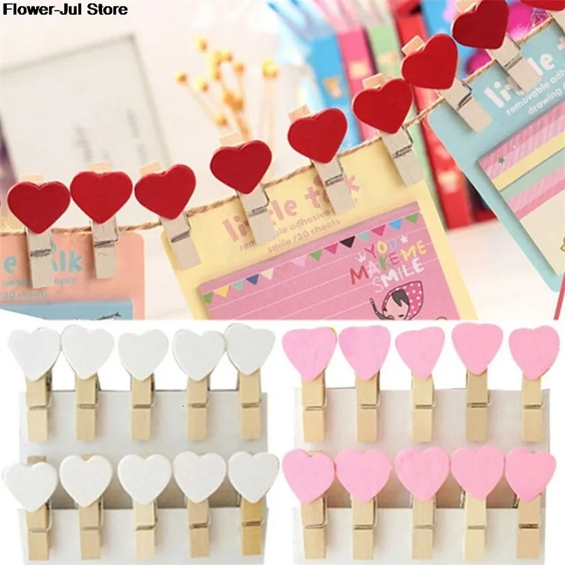 Clip per sacchetti 20PcsPack Mini Cuore Molletta in legno Po Paper Peg Pin Craft Cartolina Home Decorazione di nozze 230503