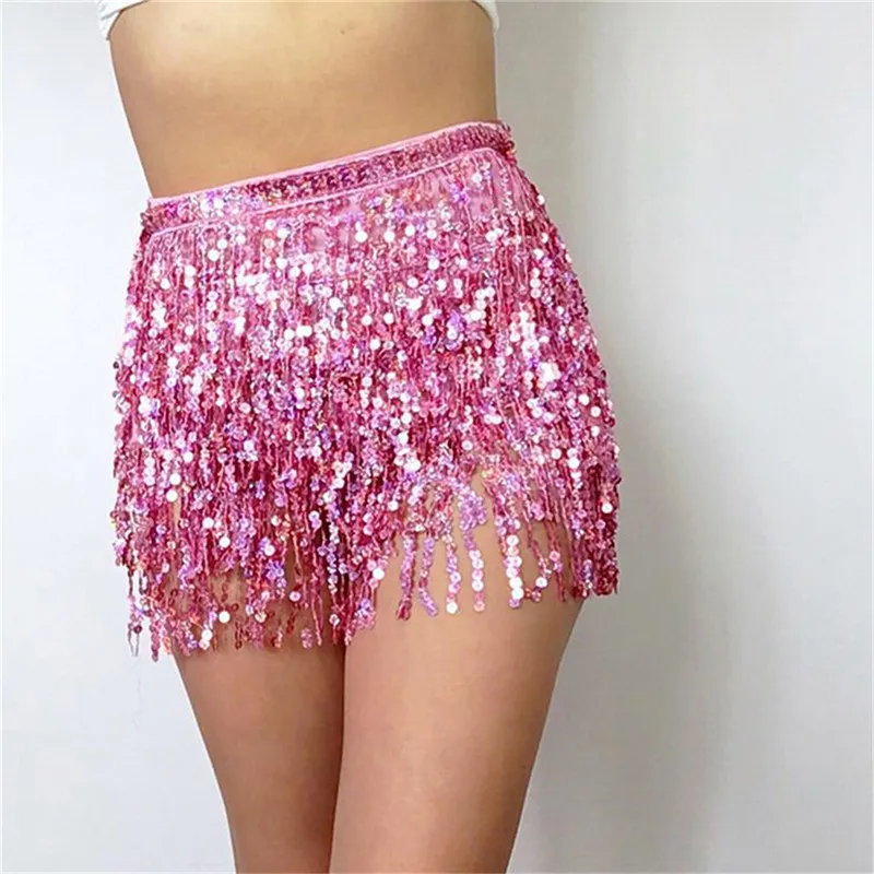 Skirts Sexy Women Belly Dance Hip Tutu Skirt Scarf Wrap Belt Glitter Sequins Tassel Hipscarf Skirts Sundress 230504