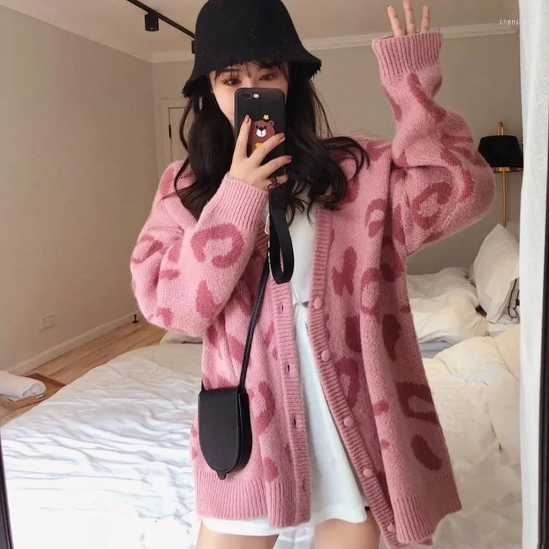 Kobiety Jesienne Zimowe dzianiny Swetry Modne kobiety swobodne lampart w szyku V-Neck Single Bed-Bedeed Lose Lose Cardigans Coat