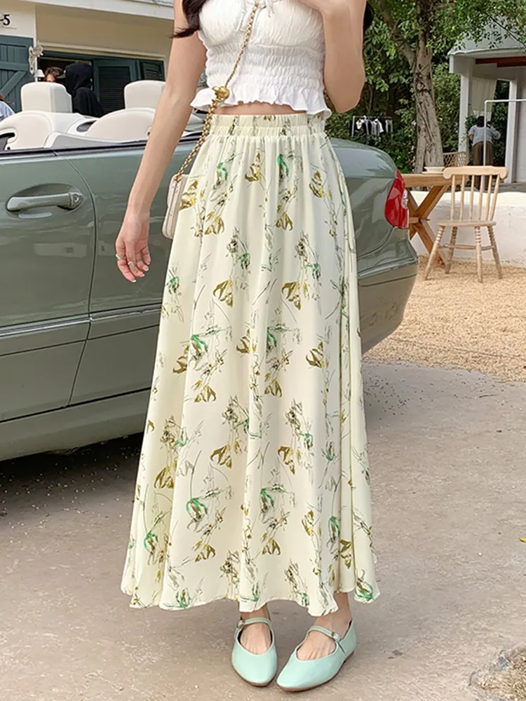 Skirts TIGENA 90cm Chiffon Maxi Skirt For Women Spring Summer Aesthetic Print Korean Elegant A Line High Waist Long Skirt Female 230504 From 40 04 DHgate