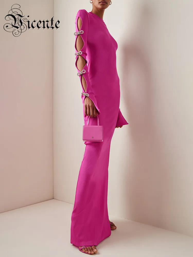 Abiti casual VC Donna Sexy Scava Fuori Design Manica lunga Fiocco Cristallo Moda Party Wear Abiti rosa aderente dalla fasciatura 230503