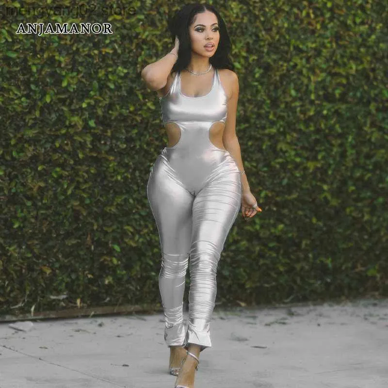 Women's Jumpsuits Rompers Sexy Club Outfits for Womens One Piece Jumpsuit Silver PU Leather Hollow Backless Halter Jumpsuits D16-DD22 T230504