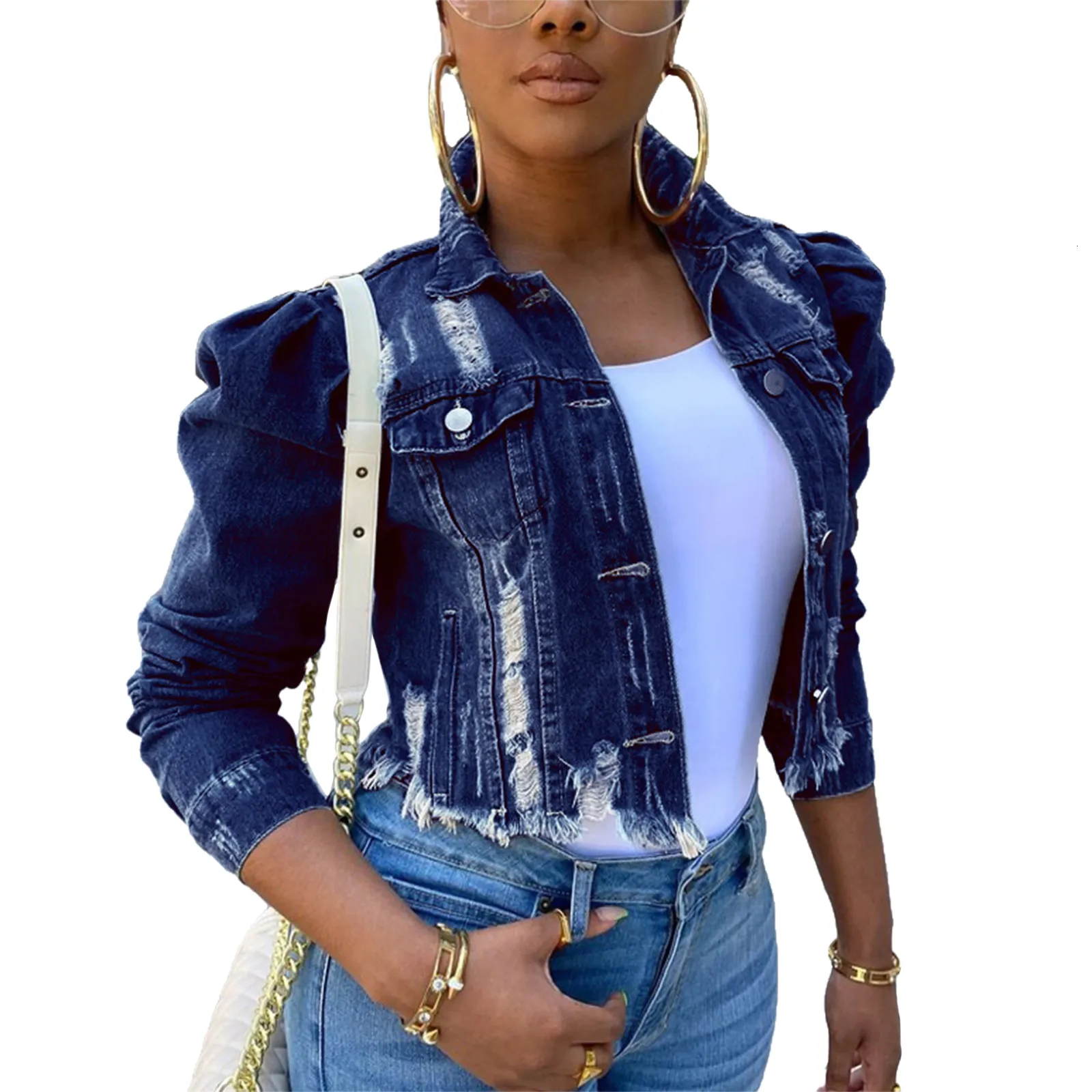 Y2K Ripped Denim Jacket For Women Casual Long Sleeve Cropped Coat With Puff Sleeves Button Down And Button Closure Fall 2023 Collection From Yao03 20.88 DHgate.Com