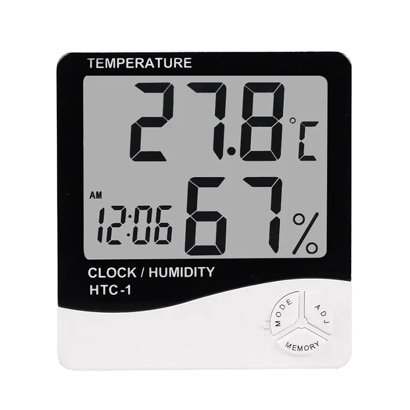 Digital LCD-temperatur Hygrometer Instrument Klockfuktighet Mätertermometer med klockkalenderalarm HTC-1