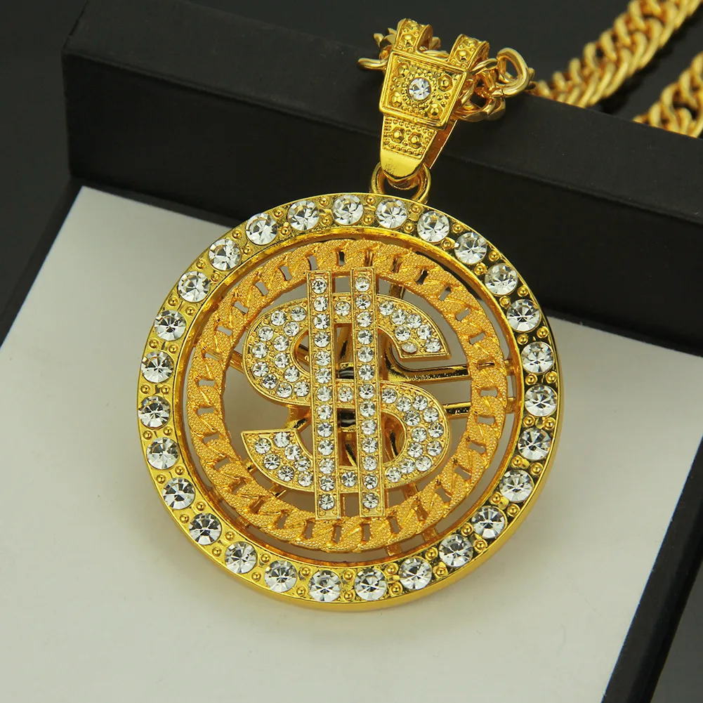 2022 hip hop européen et américain personnalité marée marque collier incrusté de diamant dollar rotatif pendentif collier discothèque club-club