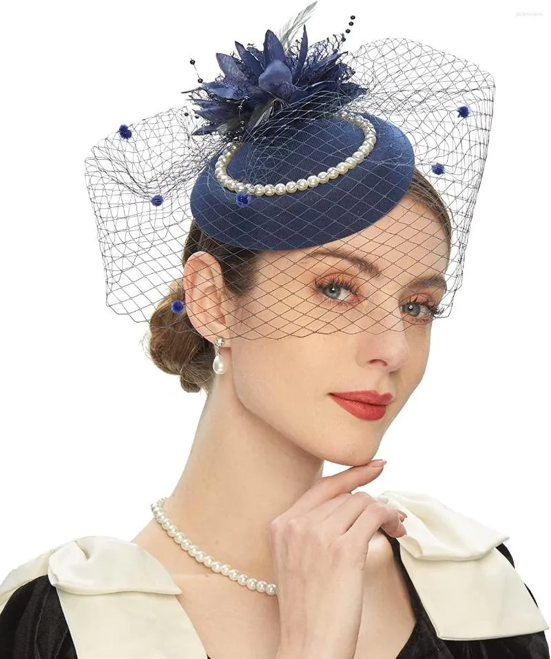 Headpieces Elegant Pillbox Hats 20s 50s Vintage fascinators voor vrouwen met veren mesh Veil Hoofdband Bridal Wedding Tea Party