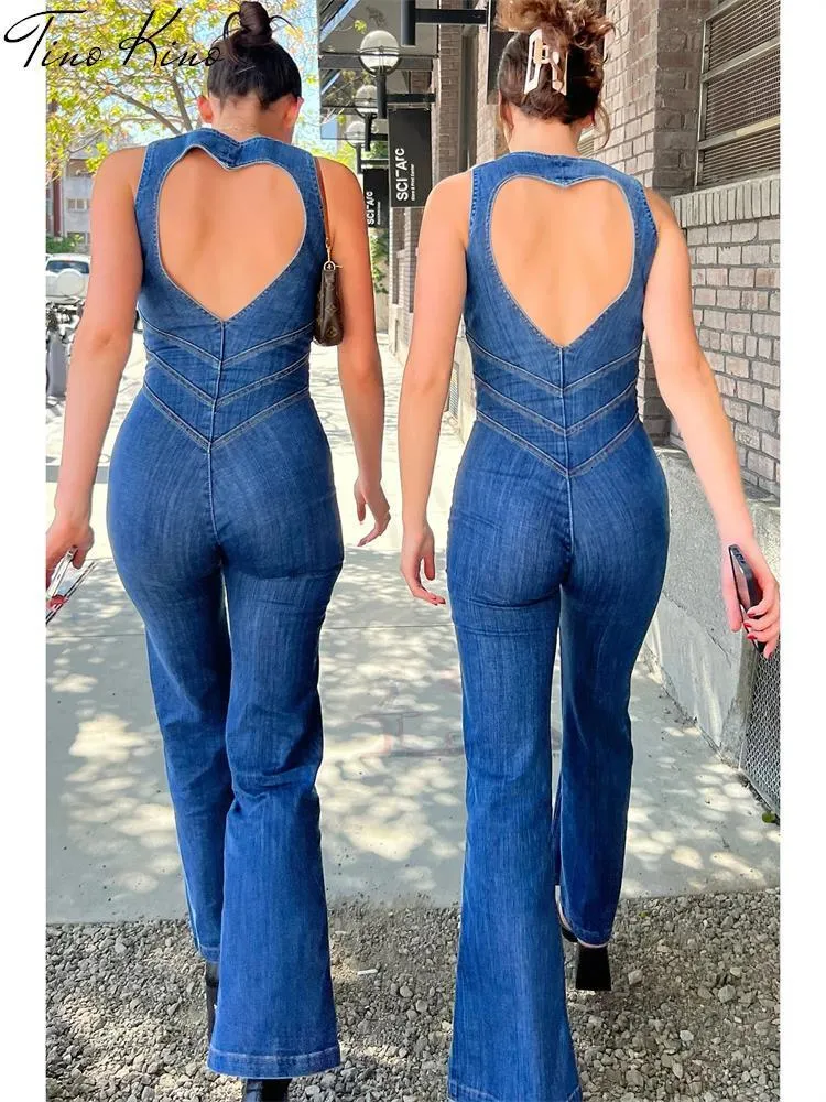 Kadın Tulumları Yükselen Mavi Arka Kalp Kesme Bodycon Tulum Kadınlar İçin Yaz Şeridi İnce Kıyafetler Retro Denim Tulumlar 230503