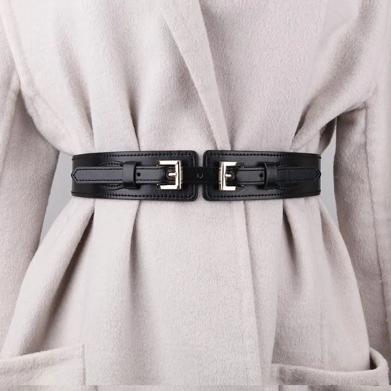 Belts Female PU Leather Cummerbunds Black Elastic Design Waistbands Women Belt Fashion Double Gold Pin Buckle Vestidos PasekBelts