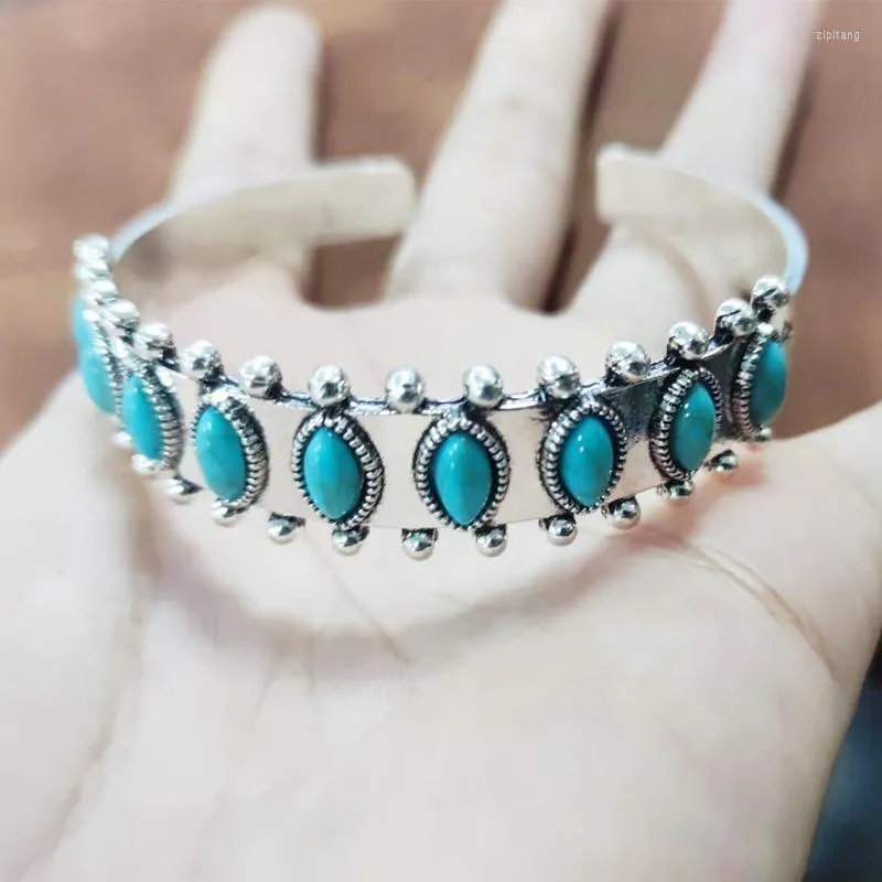 Bangle Antique Silver Color Natural Stone Bracelet For Women Adjustable Open Bohemian Luxury Woman Jewelry Gifts Wholesale