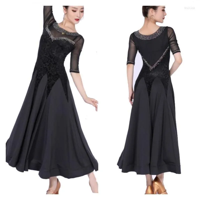 Vêtements de scène col rond coutures Jacquard longues BlackWomen robe de danse de salon Costumes modernes Rumba valse robe de bal de fête