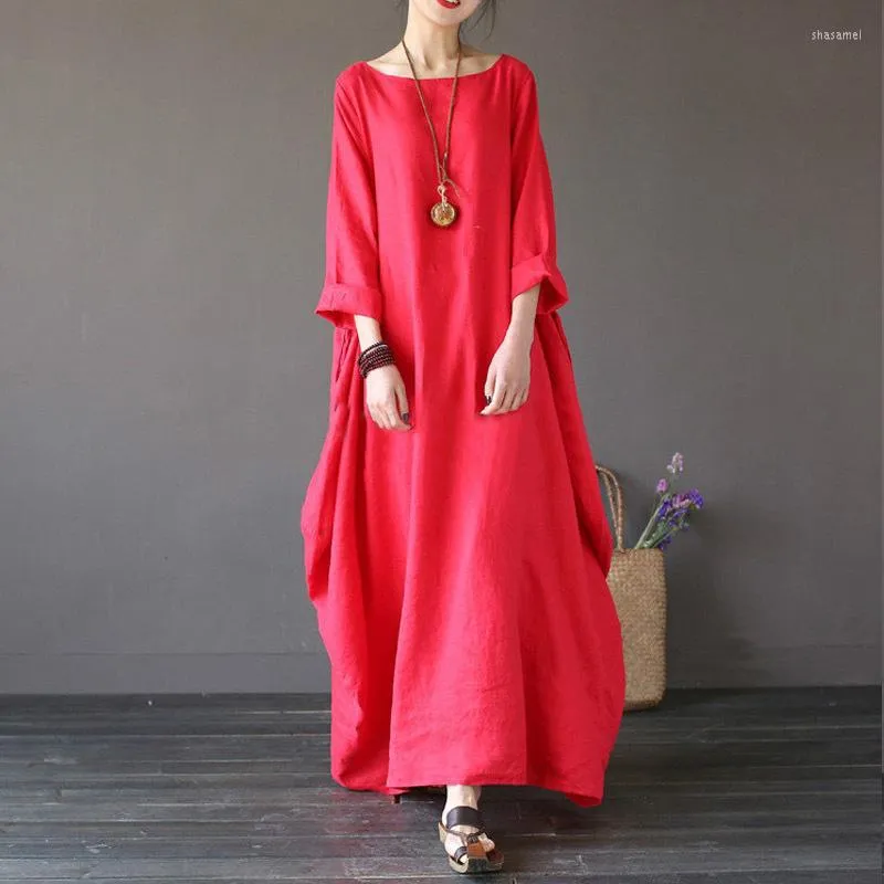 Casual Dresses 2023 Summer Autumn Big Size Shirt Topps Women Lose Vintage Blue Boho Cotton Linen Maxi Robe Fashion Female 4xl 5xl Q293