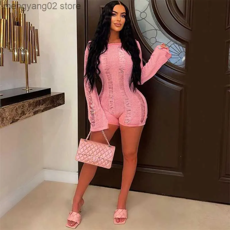 Women's Jumpsuits Rompers Echoine Long Sleeve Knit Hollow Out Short Jumpsuit Knitting Bodysuit Sexy Slash Backless Party Playsuit One Piece Outfits 2023 T230504