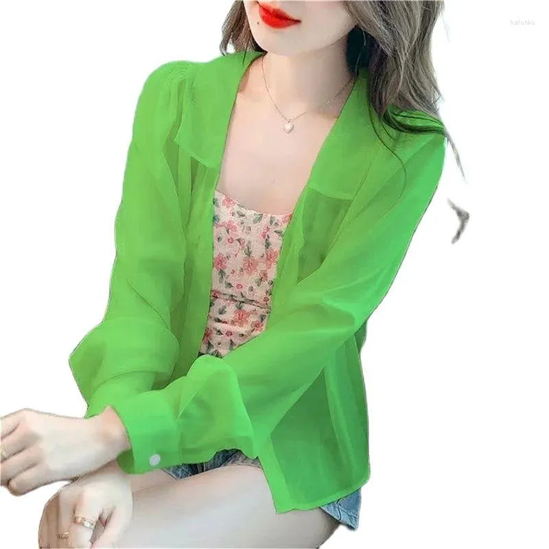 Blusas femininas verão fino feminino jaqueta respirável camisa de protetor solar fêmea fêmea de chiffon top 2023 cardigã de ar condicionado solto