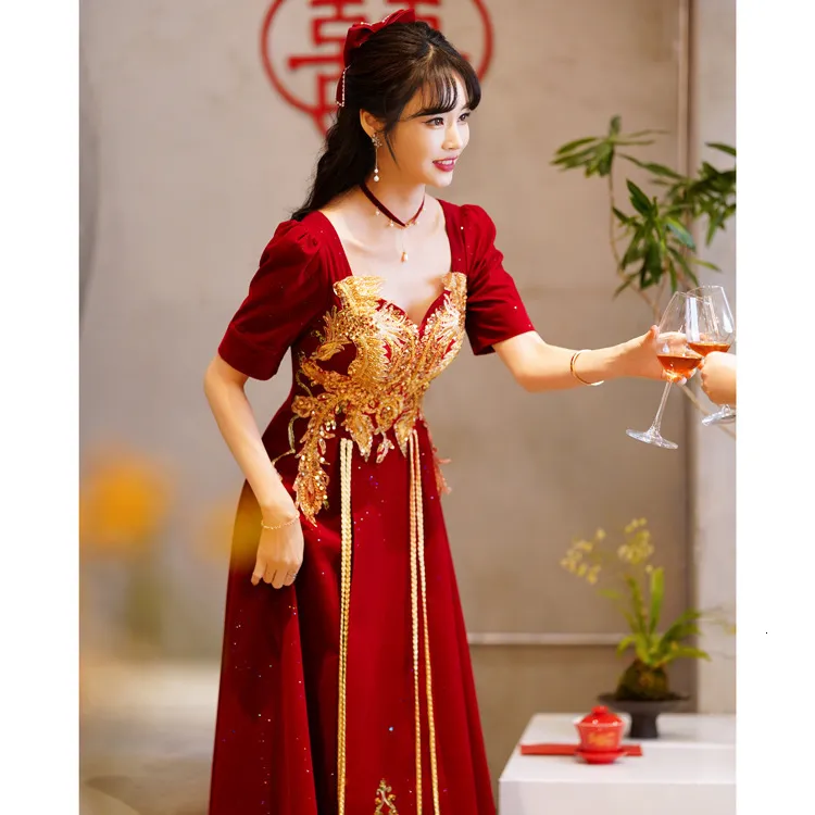 party dresses in china Pleated Skirt Short Chinese Wedding Party Dress with Phoenix Appliques Red / 3XL