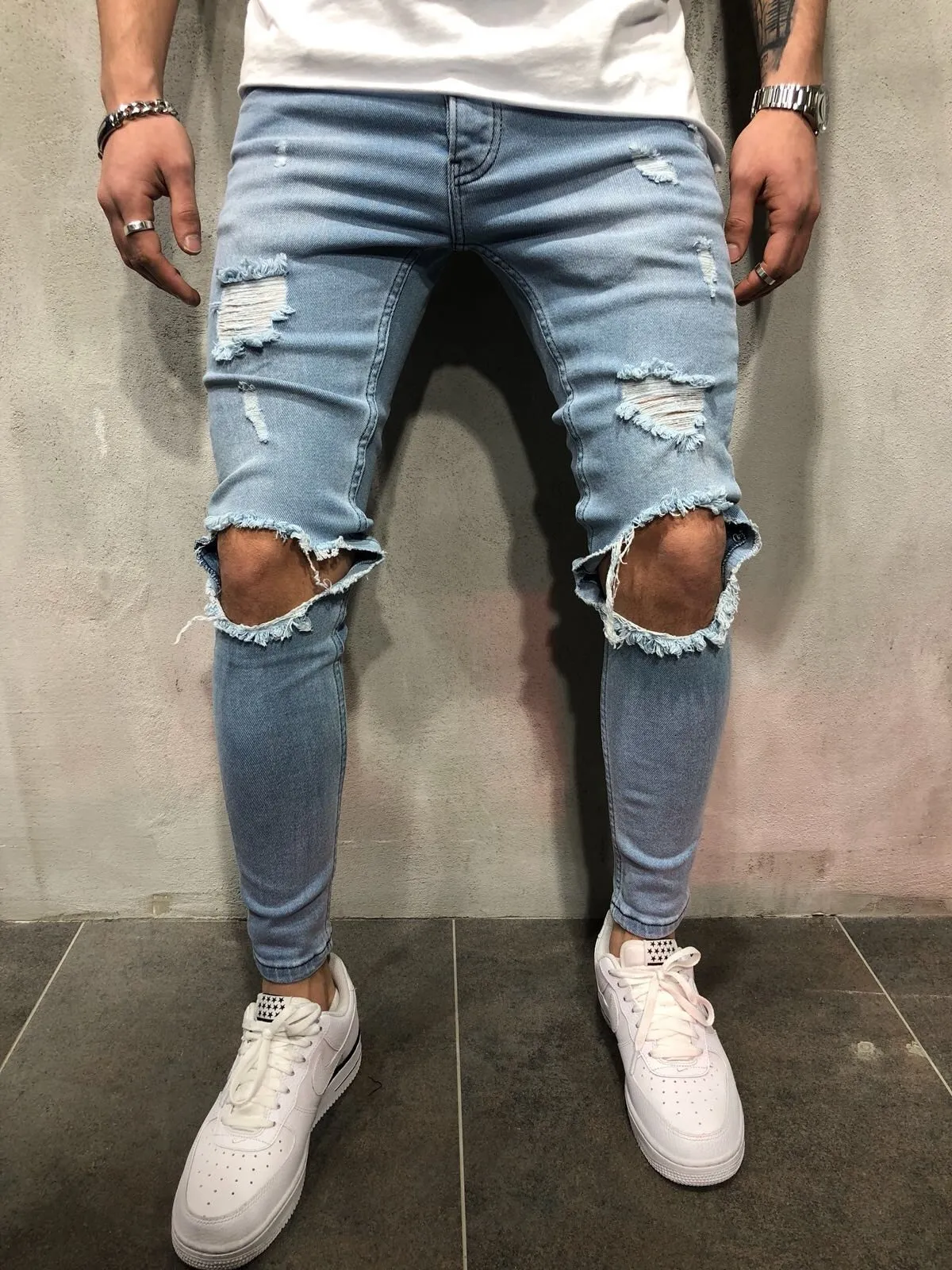 High Quality Skinny Ripped Denim Jeans For Men Fashionable Biker