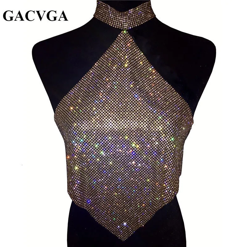 CAMISOS Tanks Gacvga Shinning Crystal Diamond Crop Top Summer Beach Backless T -shirt Halter Sexy S Party Camis Women Tank Blusa 230503