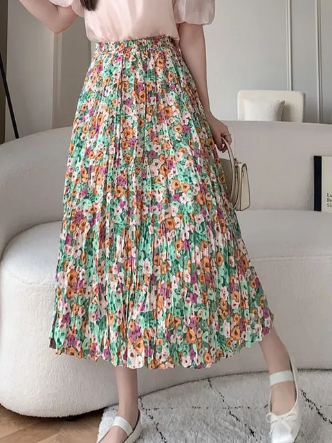 TIGENA Floral Print Midi Skirt Korean Aesthetic Boho Holiday A