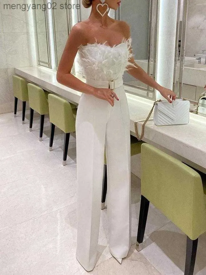Monos de mujer Mamelucos Mono Mujer Elegante Mono largo Sin tirantes Slash Cuello Pluma Tubo Top Sexy Moda Fiesta Noche Noche Mono Verano T230504